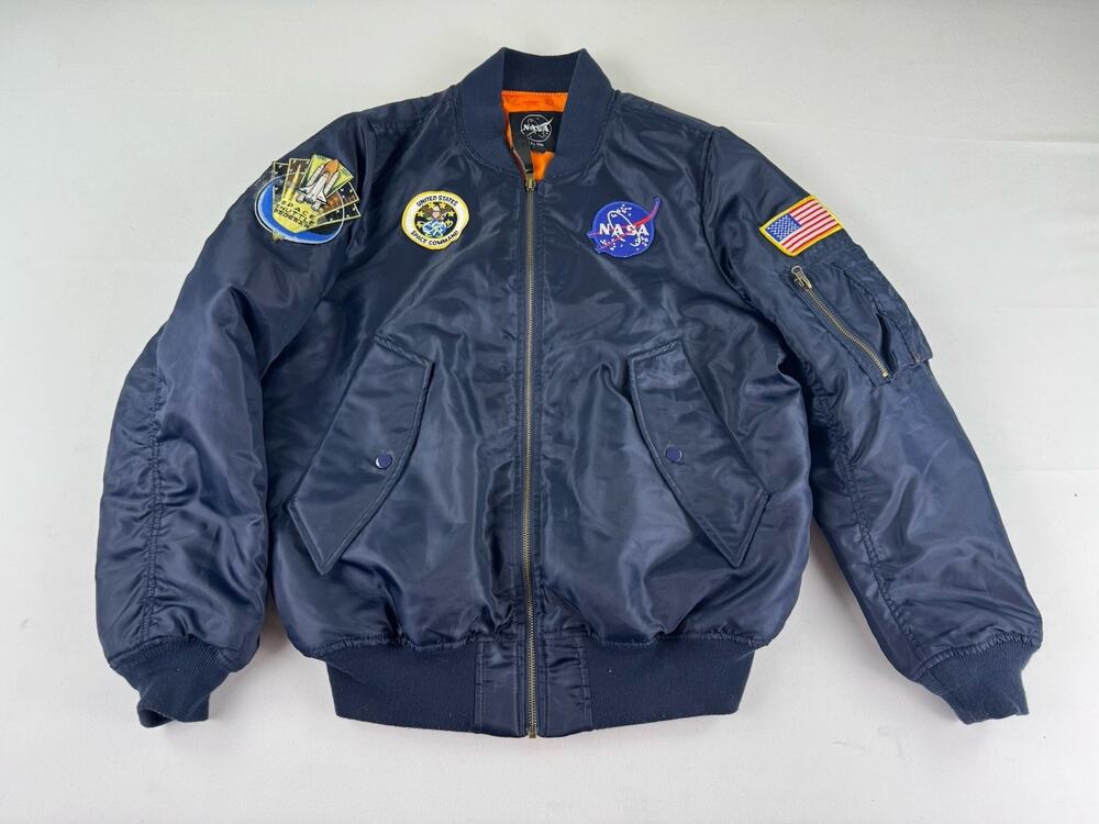 NASA YL Navy MA-1 Bomber Jacket Orange Lined Space Patches 21 P2P